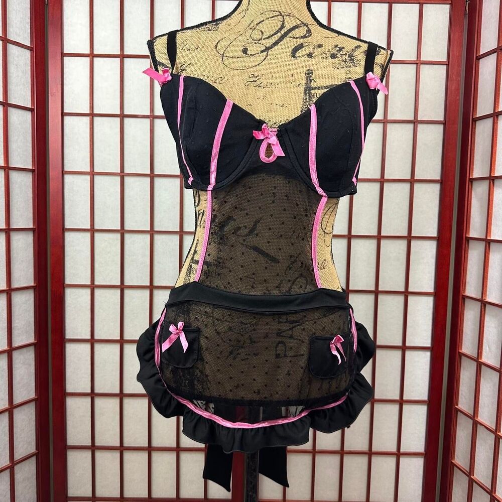 Y2K Black Pink Bow Lingerie Maid Tie Back Bustier Halloween